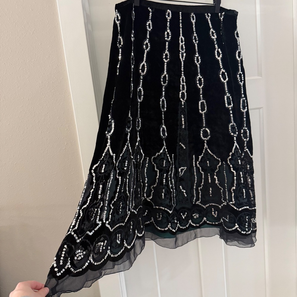 Carole Little Vintage Black Velvet Sequin Midi Skirt Silver Chain 14 Whimsygoth